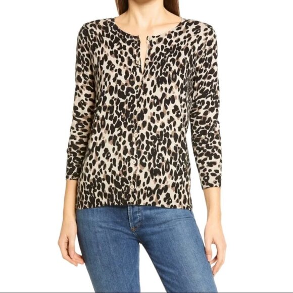 HALOGEN Leopard Print Crewneck Cardigan - Picture 1 of 8